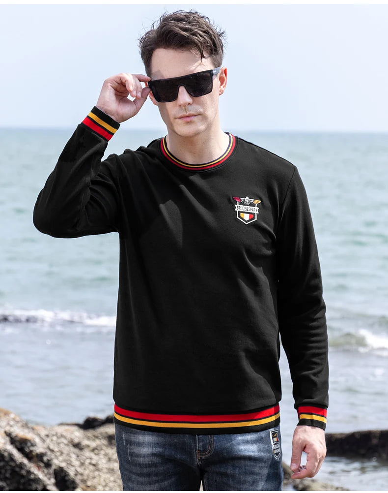 Spring New Men' T-Shirts Round Neck Solid Color Long sleeved Tops Bruce&Shark Thicken Stretch Cotton Men's Clothing Korea Style