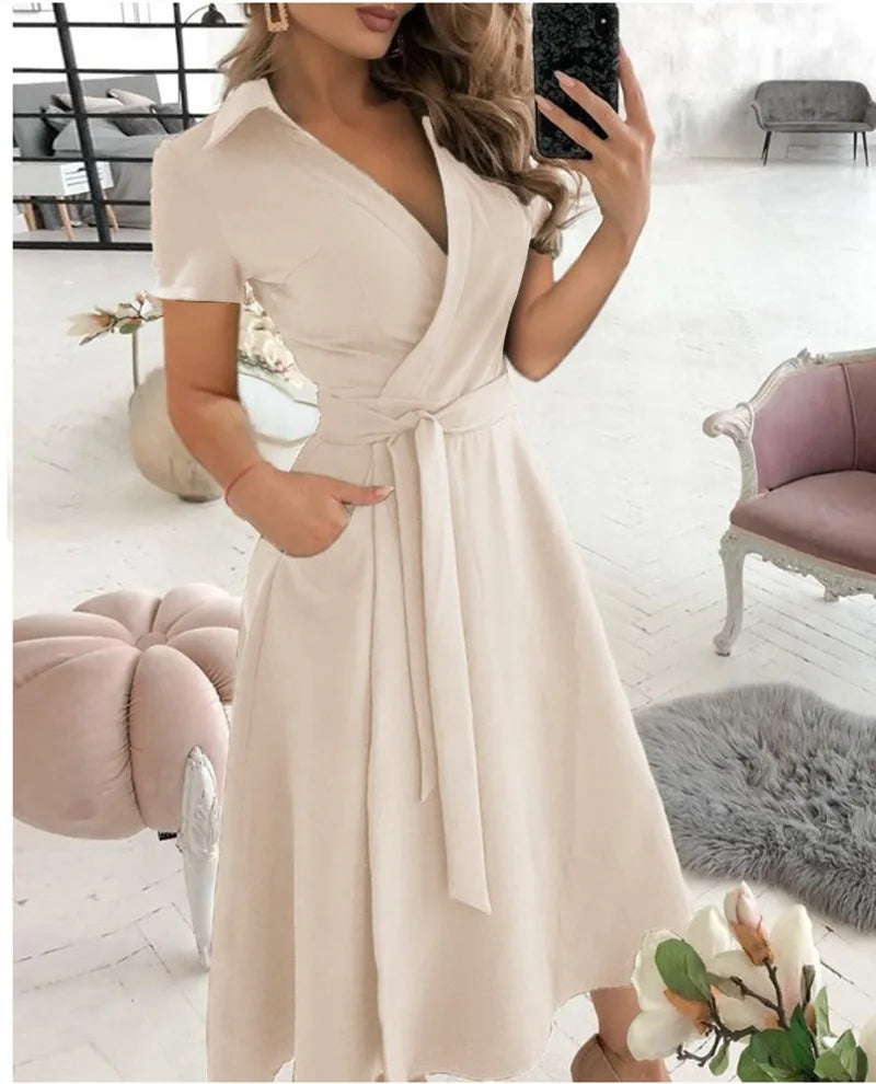 Women's New Short Sleeve Dress Spring Summer Fashion V-neck Printed Bag Hip Dress for Women Temperament Personality Wear