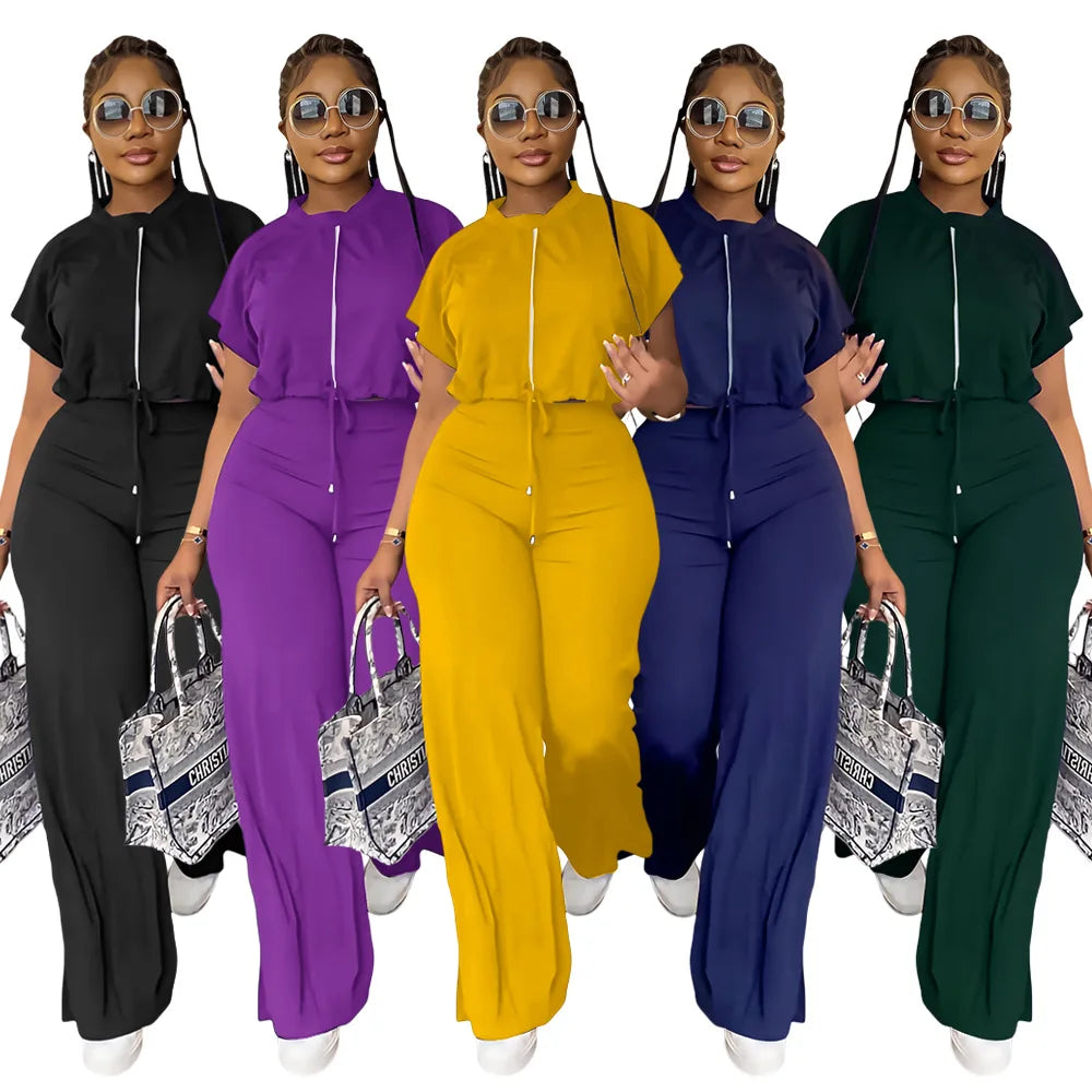 Women Casual Round Neck Drawstring Short Sleeve Top & High Waist Pants Set Summer Solid Two Piece Suit Sets Outfits Set Female