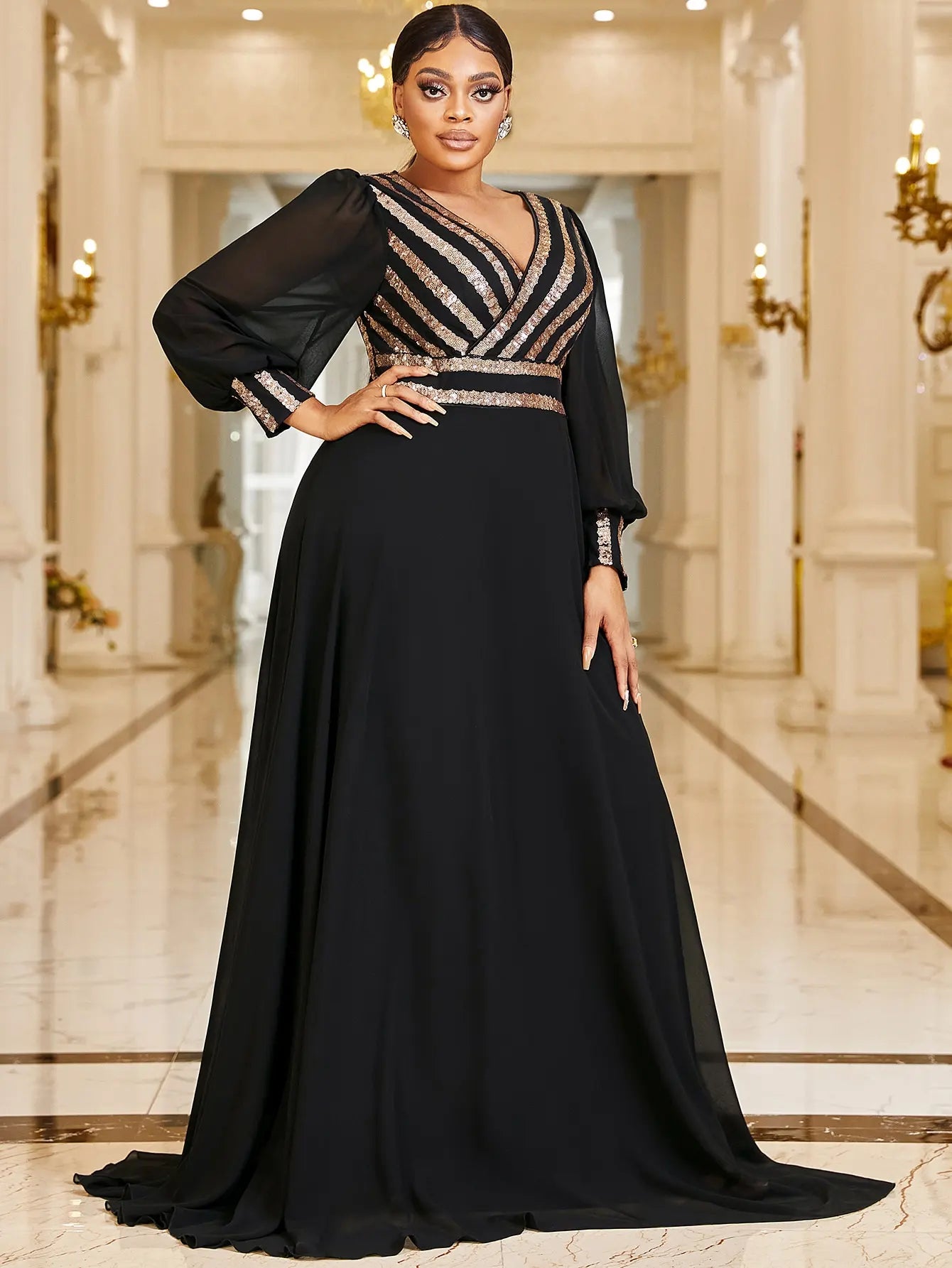 Plus Size V Neck Stripe Sequined Chiffon Dress 5XL 6XL Big Size Black Maxi Long Sleeve Spring Gold Stripe Luxury Evening Dresses