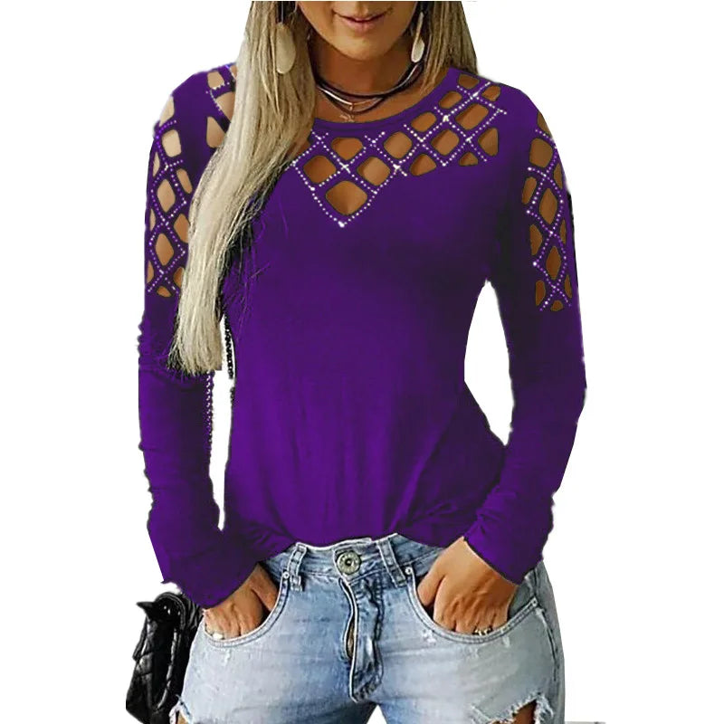 Autumn Winter New Women's Fashion Solid Color Hollow Diamond Splicing Long Sleeve T-shirt Casual Comfortable Top For Women