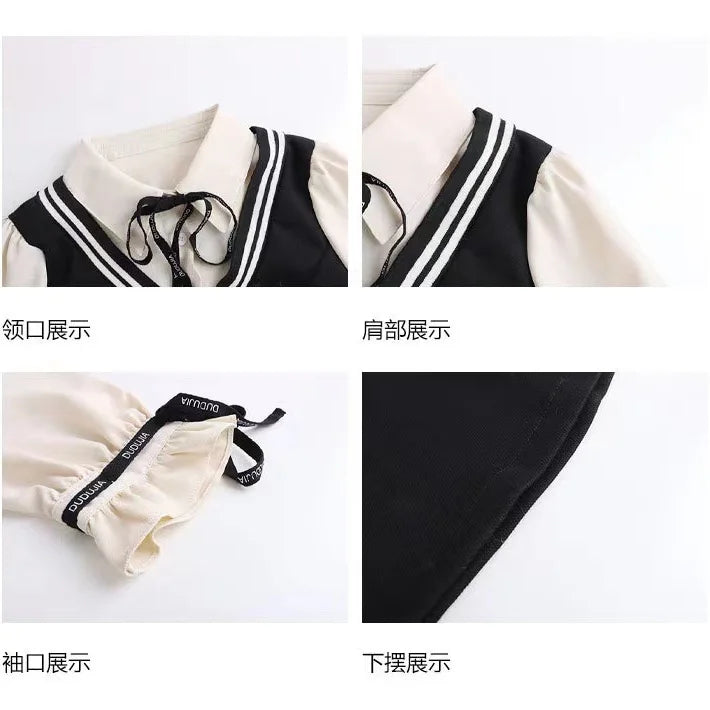 Spring Summer Fashion Fake Two Pieces Dresses Women High Street Turn-down Collar Long Sleeve Dress Elegant Button Bow Vestidos