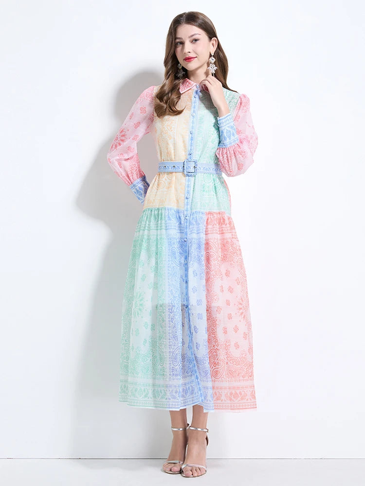 Spring Summer 2025 New Women Fashion Rainbow Print Elegant Shirt Long Dresses Vintage Single Breasted Party Dress Bohemian Trend