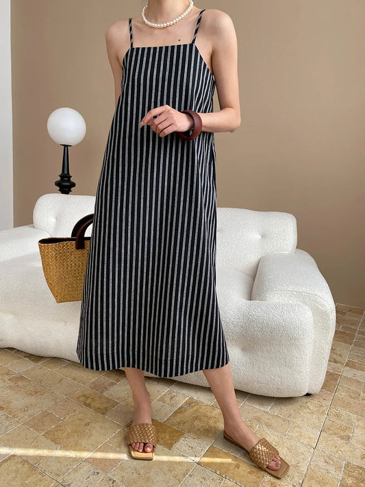 Spring and summer women's casual striped loose suspender dress