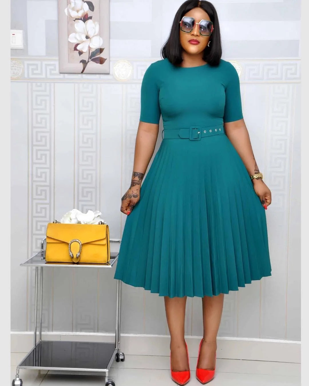 Summer Plus Size Pleated S-5Xl Dress Ladies O-Neck Short Sleeve Solid With Belt Mid-Calf Office Lady Elegant Dresses For Women