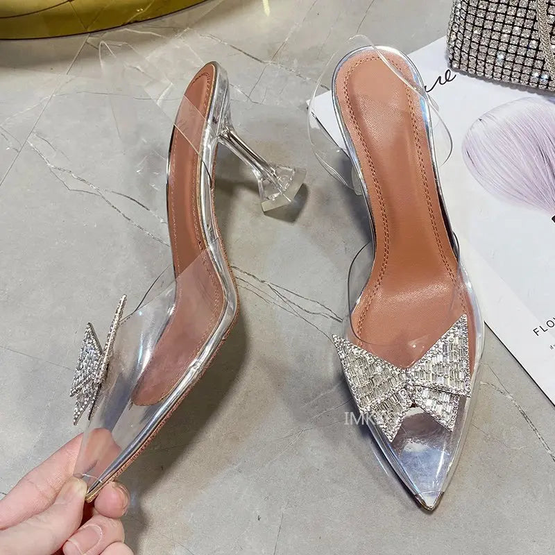 PVC Rhinestone Butterfly Women Sandals High Heels 2021 New Pointy Party Bride Shoes Clear Deisgner Pumps Zapatilla Mujer