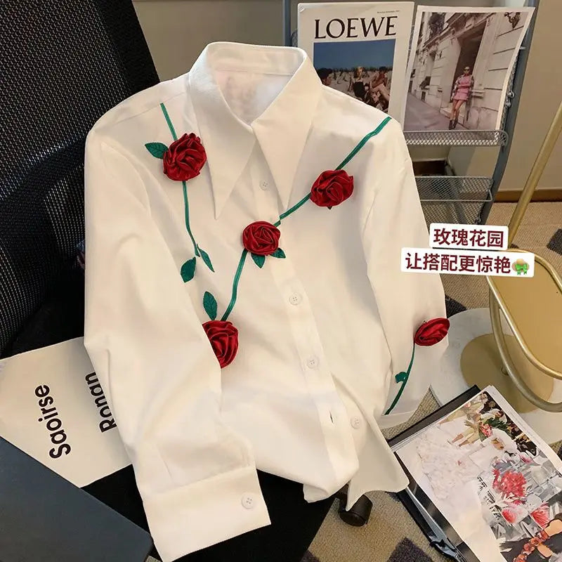 2023 New Spring and Autumn Fashionable Temperament Romantic Three-dimensional Rose Men's Casual Loose Design Sense Niche Shirt