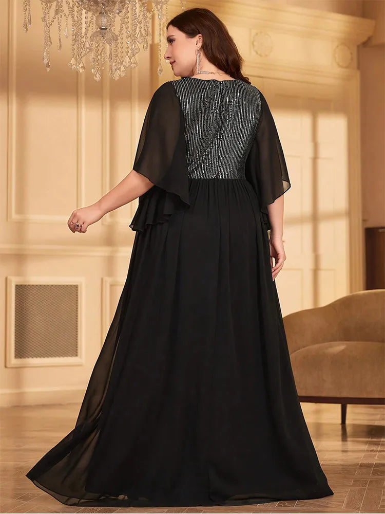 Plus Size V-Neck Black Short-Sleeved Chiffon Summer Evening Dress Bigsize Black Chiffon Floor-Length Bridesmaid Evening Dress