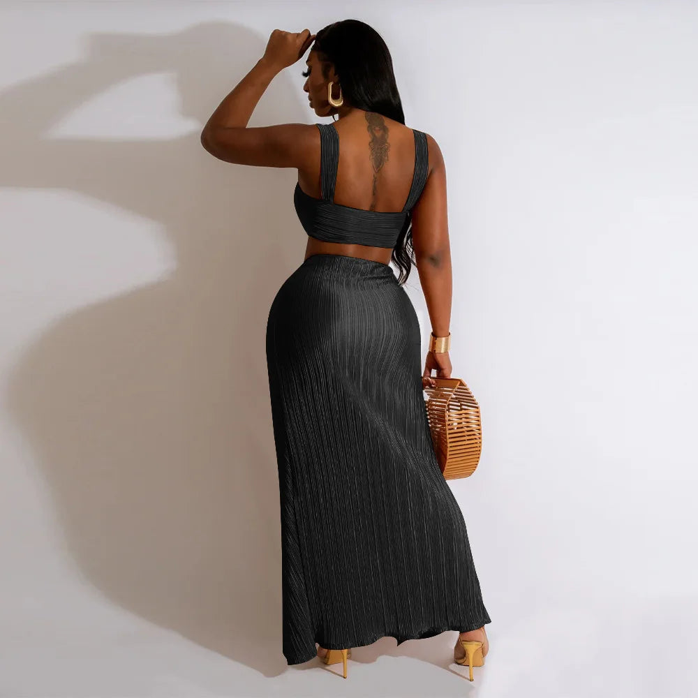 Summer Dresses for Women Two Pieces Set Sexy Backless Halter Top and High Waist Side Slit Pleated Skirt Matching Lady Streetwear