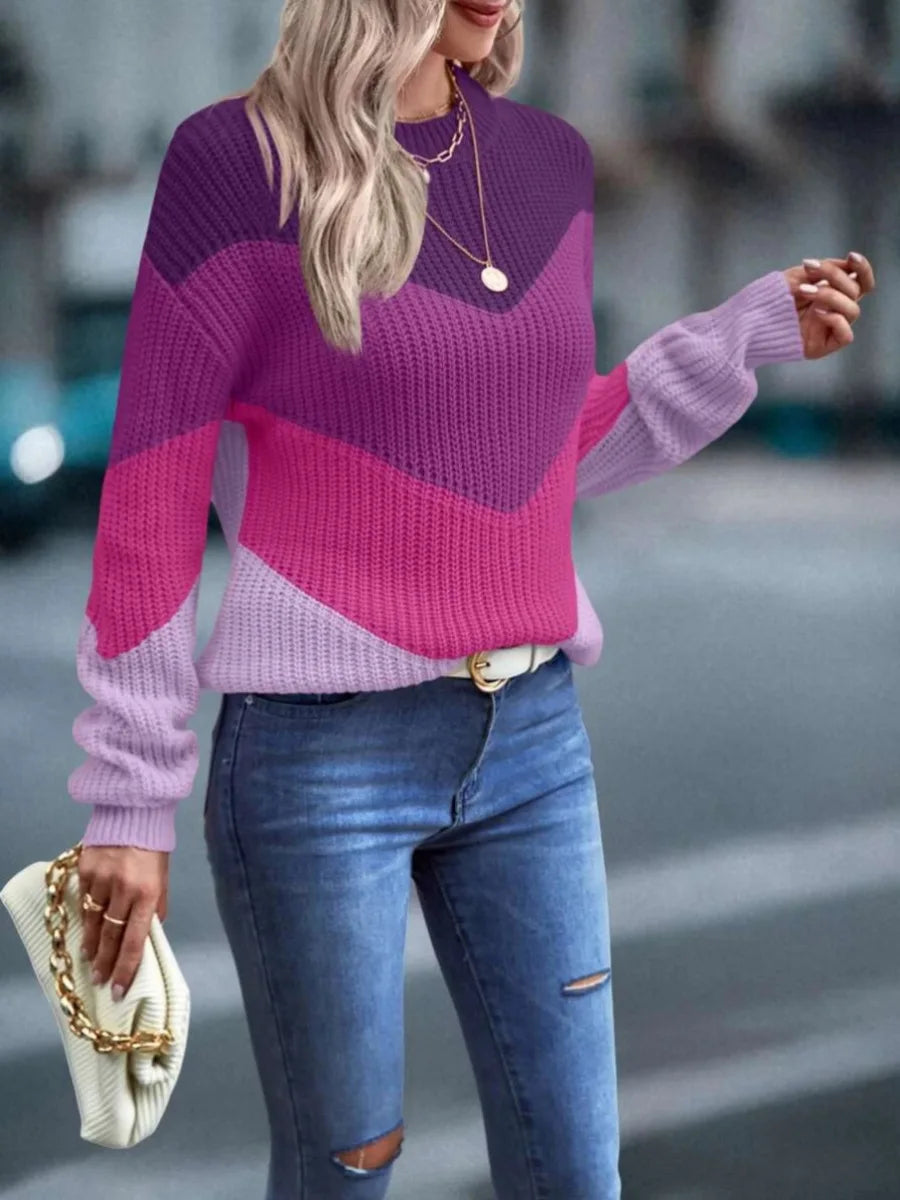 Knit Sweaters Women Jumpers Striped Print Round Neck Streetwear Pullover Top Casual Long Sleeve Warm Sweater Autumn Winter