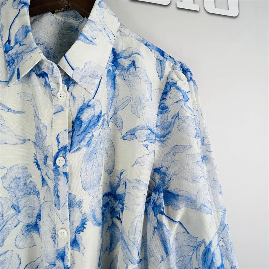 Lightweight Blue Printed Dress with Lace-up Waist Shirt Collar Ruffle 25 Spring and Summer New Style Dresses for Women Elegan