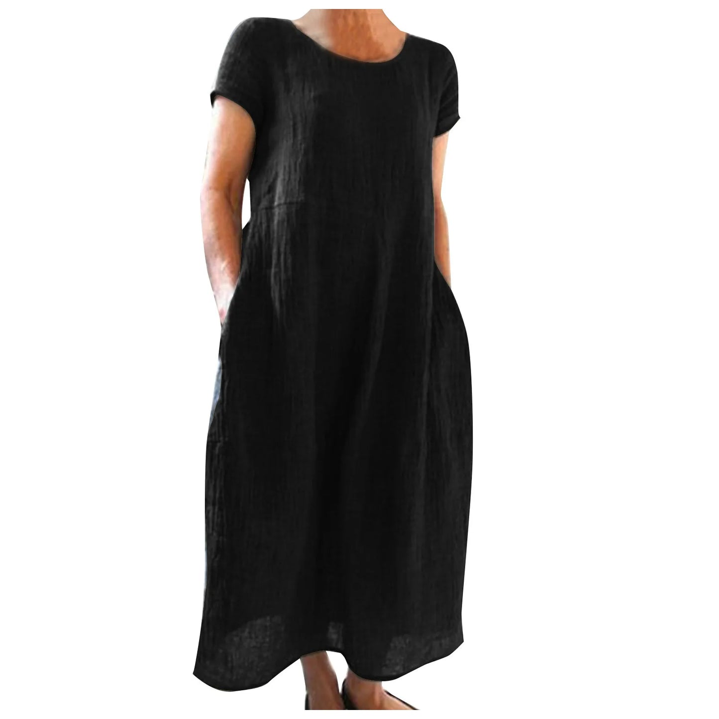 Spring Summer Woman Long Dress Office Lady Fshion Casual Loose Solid O-neck Short Sleeve Dresses For Women 2024 Female Robe