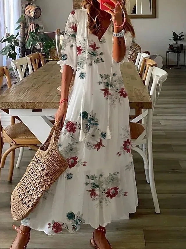 New Women's Spring Summer Dress Sexy V-neck Drawstring Printed Long-sleeved Dress Casual Loose Fashion Elegant Fresh Sweet Dress
