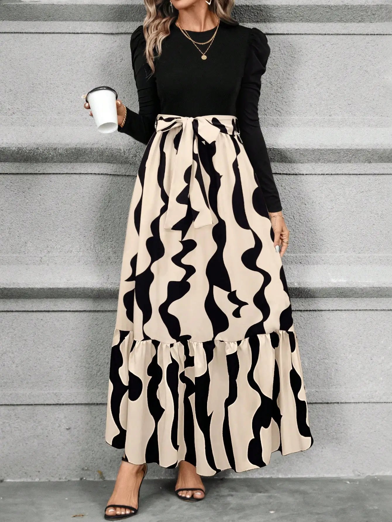Spring and summer color combination high-waisted flower print dress woman elegant
