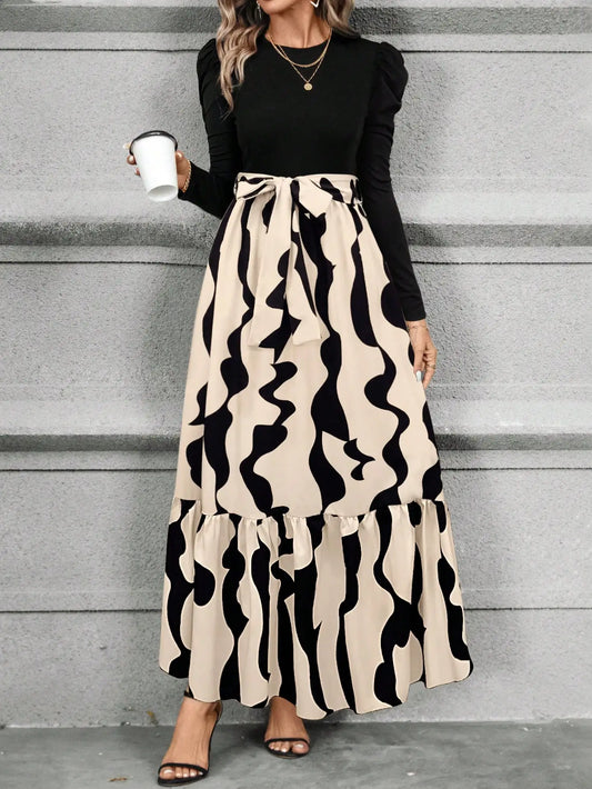 Spring and summer color combination high-waisted flower print dress woman elegant