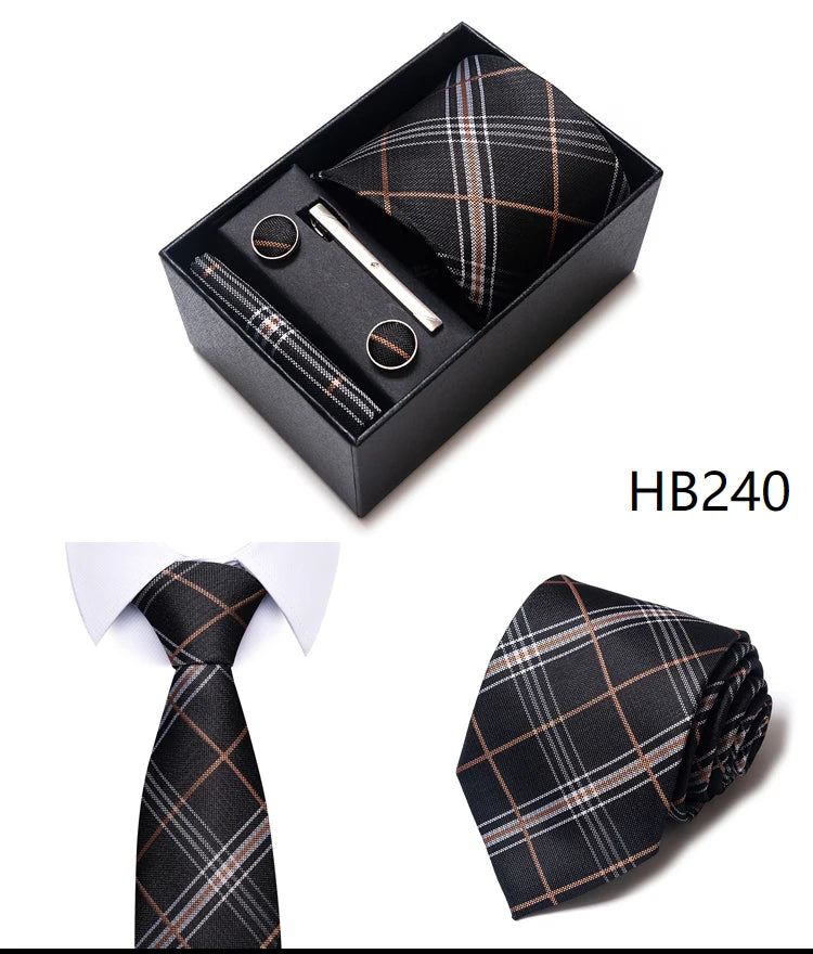 Tie Handkerchief Cufflink Set For Men Necktie Holiday Gift Box Blue Gold Suit Accessories Slim Wedding Gravatas