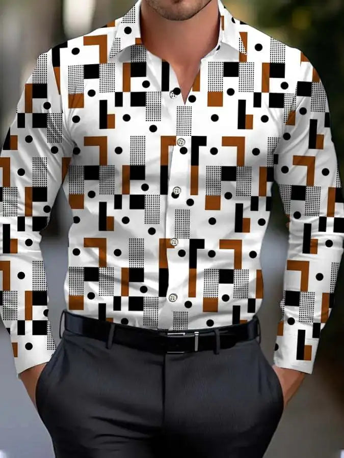 Men's shirt regular lapel shirt men's 3d printing triangle geometric printing casual street long sleeve fashion printed shirt