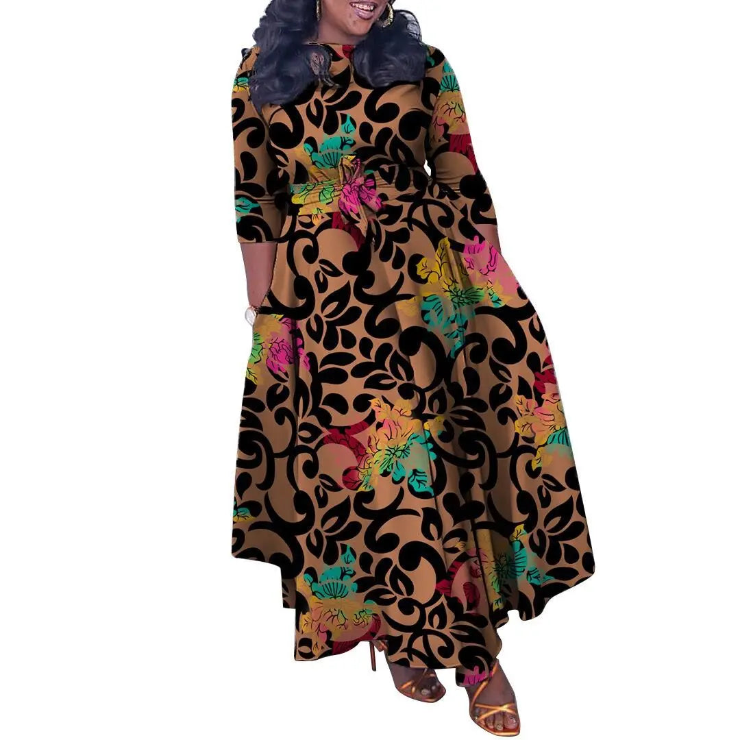 Women's 2024 Autumn New Style Fashionable Elegant Temperament Fashionable Printed Strap Waist Large Skirt Large Size Dress