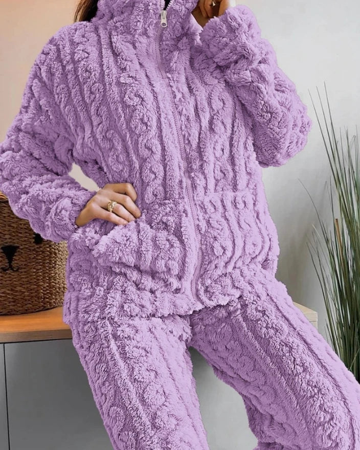 Thickened Warm 2Pcs Pajamas Set Jacquard Textured Stand Collar Zip Up Fuzzy Teddy Top & Pants Set Striped Nightwear Loungewear