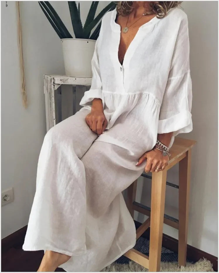 New in Spring Elegant Long Dresses for Women Long Sleeved V-neck Fashion Summer Dresses 2024 Loose Retro Female Clothing Robe