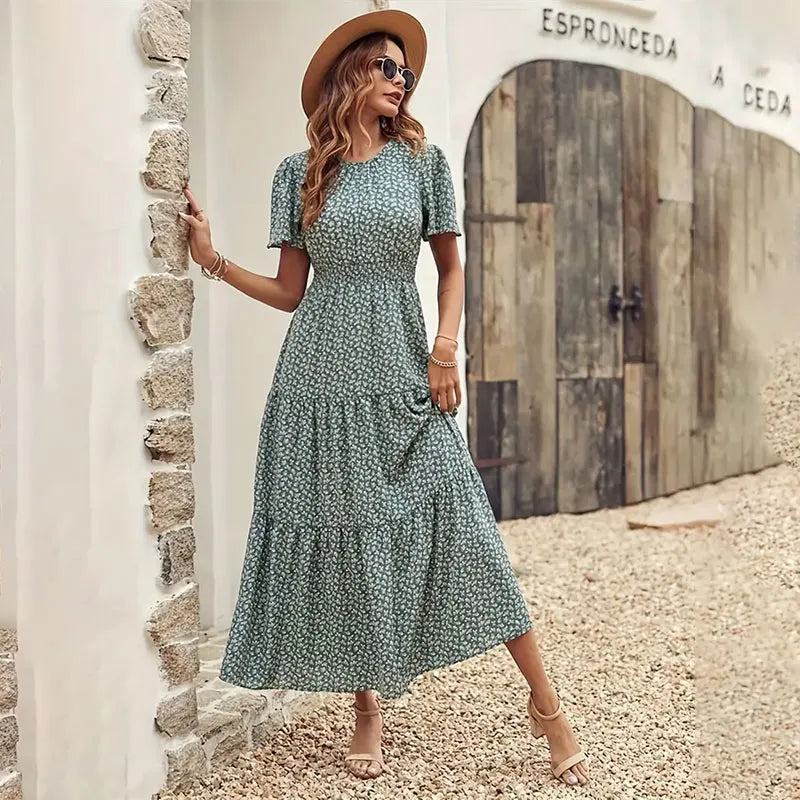 Spring Summer Tierred Dress Women Midi Dresses Female Short Sleeve Elastic Waist Printed Floral Pleated Backless Casual Dress