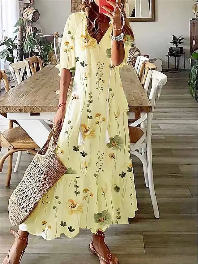 New Women's Spring Summer Dress Sexy V-neck Drawstring Printed Long-sleeved Dress Casual Loose Fashion Elegant Fresh Sweet Dress