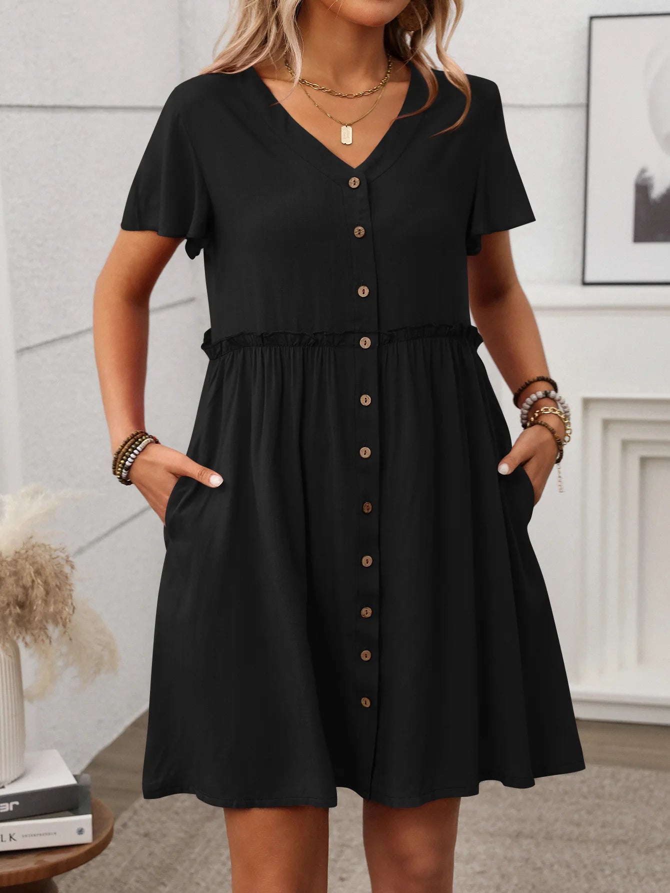 Spring Summer Button Down Dress Flutter Sleeve Cotton Linen A Line Dress With Pockets Beach Summer Knee Length Dresses For Women