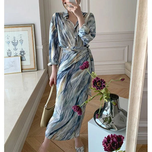 Spring Autumn New Fashion Dress Sets Women Turn-down Collar Long Sleeve Button Printing Shirt Lacing Mid-length A-line Skirt