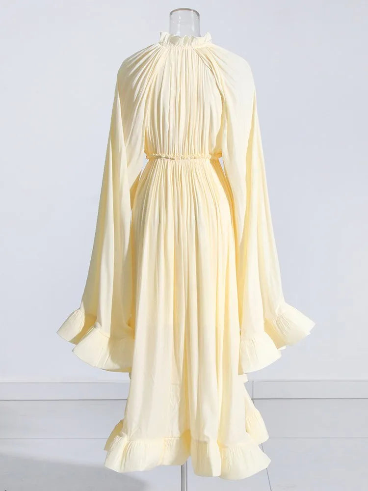 TWOTWINSTYLE Elegant Solid Dresses For Women V Neck Cloak Sleeves High Waist Spliced Lace Up Ruffles Pleated Dress Female Summer