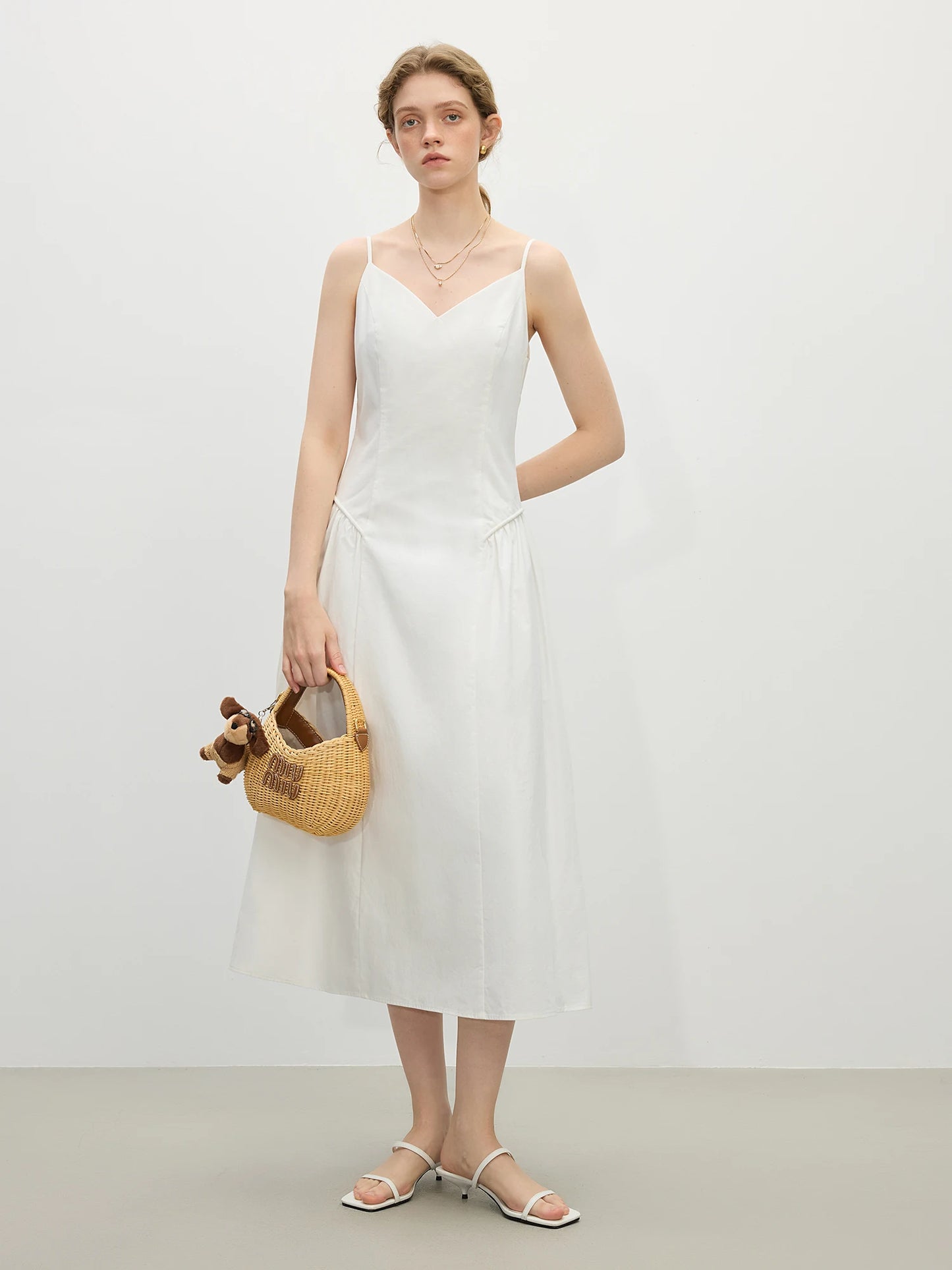 FSLE【4 Colors】Women Spring Strappy Dress 100% Cotton Temperament Simple A-LINE Dresses 2025 Spring White Dress 25FS11073