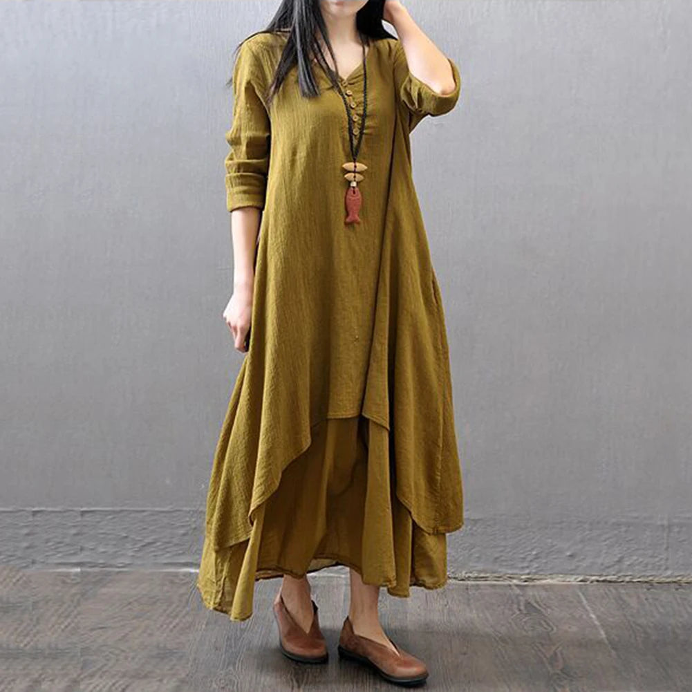 Anself Spring Fashion Women Casual Loose Dress Solid Color Long Sleeve Oversized Ladies Dresses Plus Size Boho Long Maxi Dress