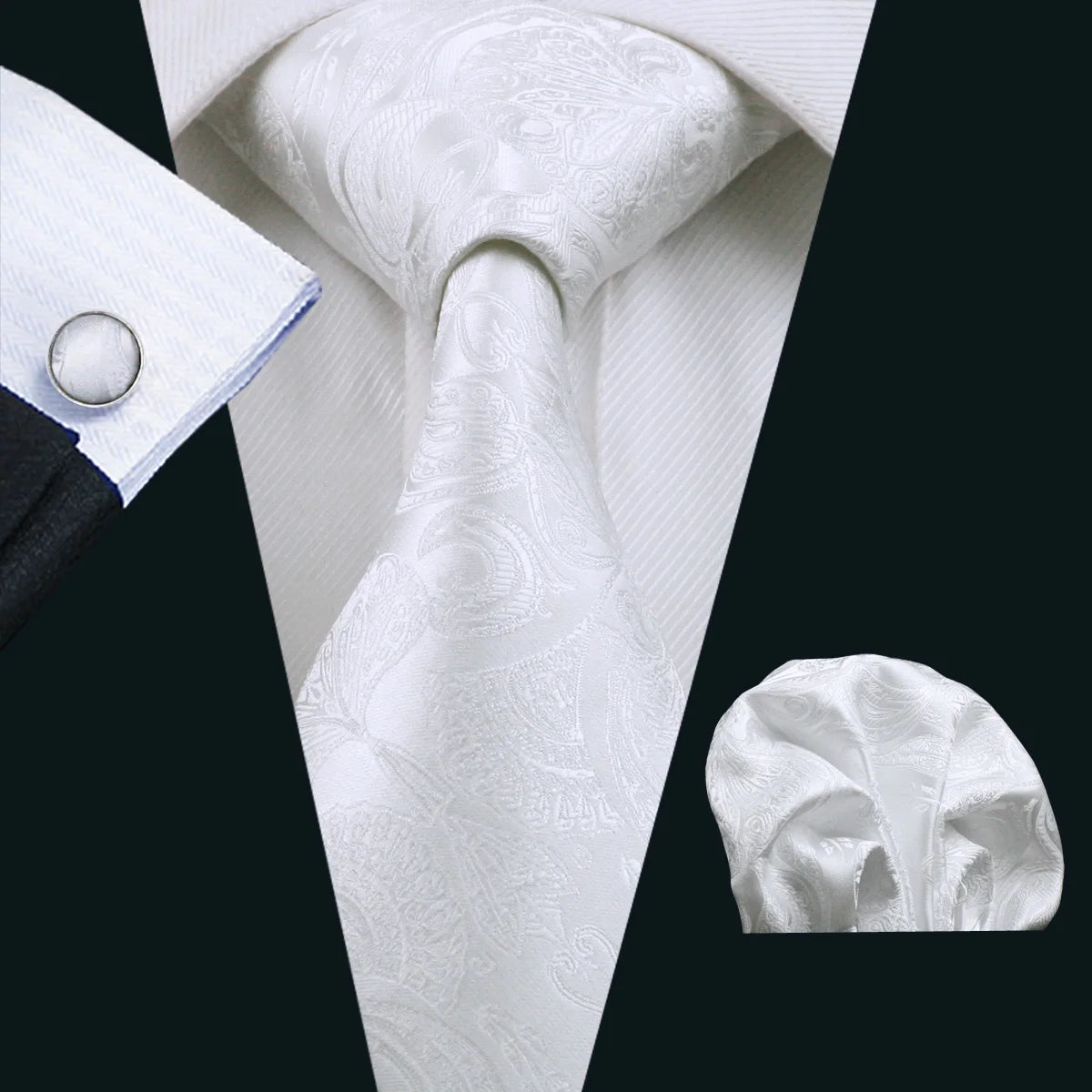 Barry.Wang Black White Gray Silver Silk Men Tie Handkerchief Cufflinks Set Jacquard Necktie for Male Wedding Business Party Gift