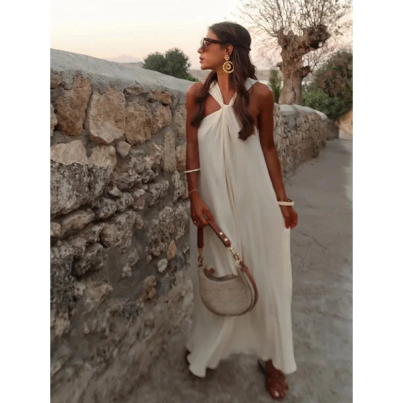 2025 Spring Women's High Street Sexy White Off-the-shoulder Halter Pleated Floor-length Dress Fashion Sleeveless Loose Dress
