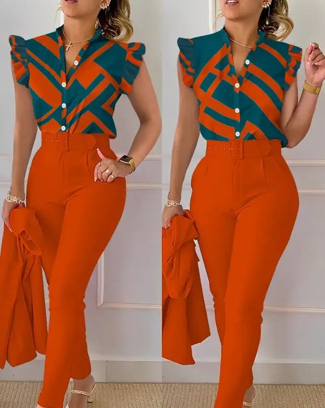 Two Piece Sets Womens Outifits 2023 Summer Fashion Geometric Print Flutter Sleeve Stand Collar Top & Pocket Pants Set with Belt