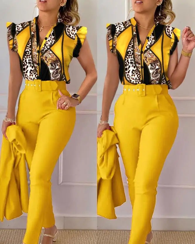Two Piece Sets Womens Outifits 2023 Summer Fashion Geometric Print Flutter Sleeve Stand Collar Top & Pocket Pants Set with Belt