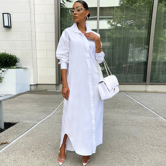 Spring Summer Long Sleeve Shirt Dress Women Turn-down Collar Button Up Straight Maxi Dress Loose Casual Long Dresses Vestidos