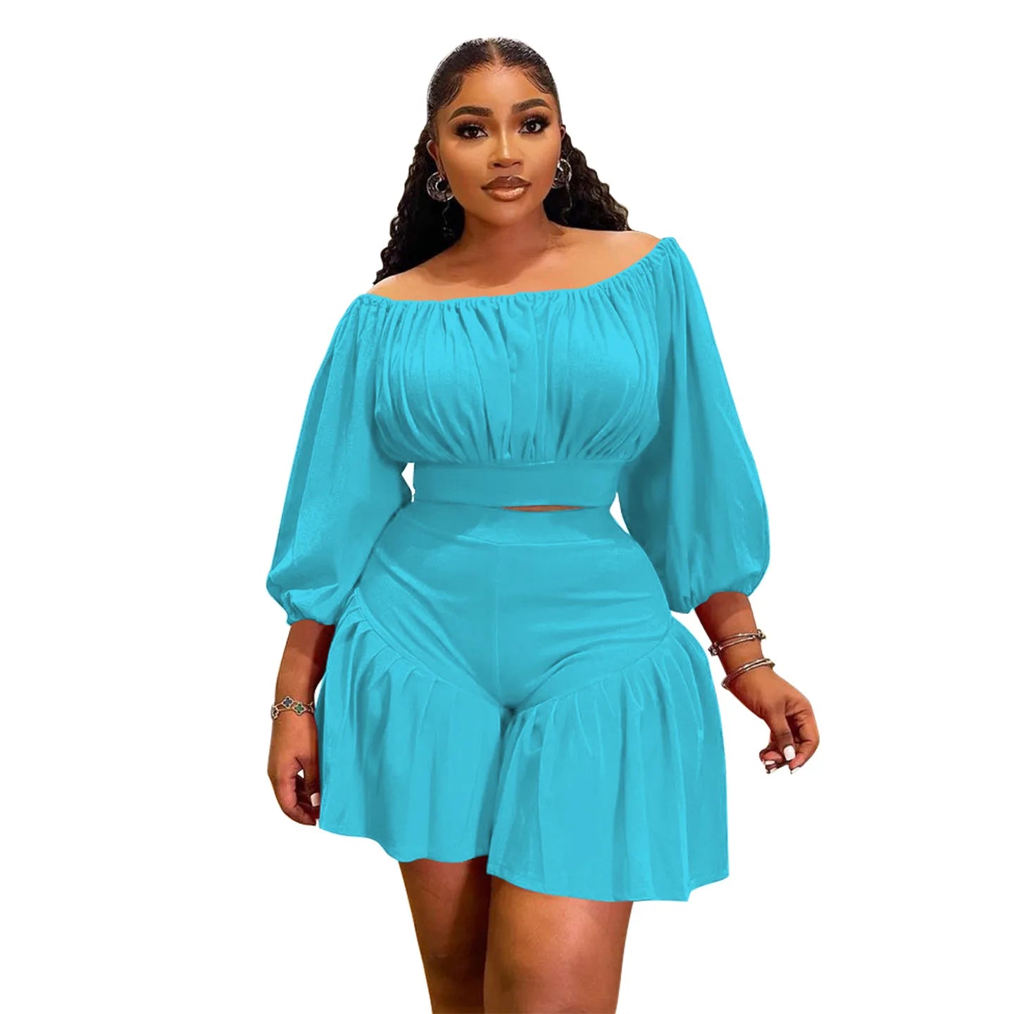 CM.YAYA Plus Size Women's Set Long Sleeve Slash Neck T-Shirt and Shorts 2025 Summer Ruched Two 2 Piece Set Outfits Tracksuit