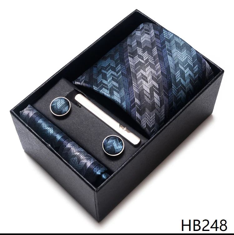 Tie Handkerchief Cufflink Set For Men Necktie Holiday Gift Box Blue Gold Suit Accessories Slim Wedding Gravatas