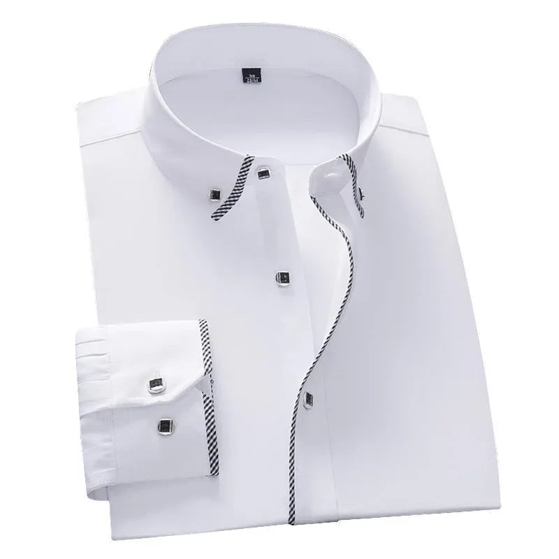 Spring and Autumn Men Dress Shirt Long Sleeve Trim Business Casual Solid Color Shirt Slim Fit White Base Layer Shirt for Male