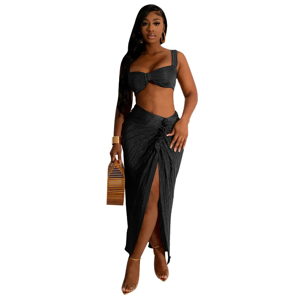 Summer Dresses for Women Two Pieces Set Sexy Backless Halter Top and High Waist Side Slit Pleated Skirt Matching Lady Streetwear