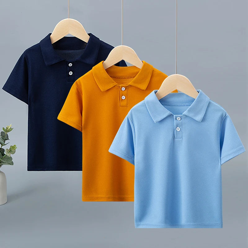 Children's solid color POLO shirt boy handsome fashion sports T-shirt girl lapel casual and comfortable half sleeve.