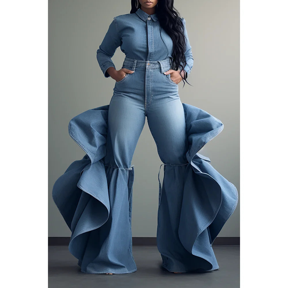 Plus Size Fashionable Women's Blue Jeans High Waist Ruffle Flared Casual Pink Denim Pants Spring Black Skinny Pants