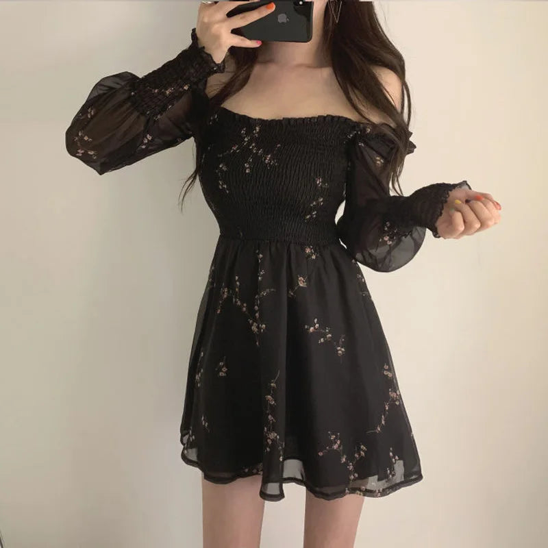 Spring Womens Sexy Black Dress Vintage Flower Long Puff Sleeve Chiffon Dresses Korean Casual Mini Vestidos Mujer Clothes 13676
