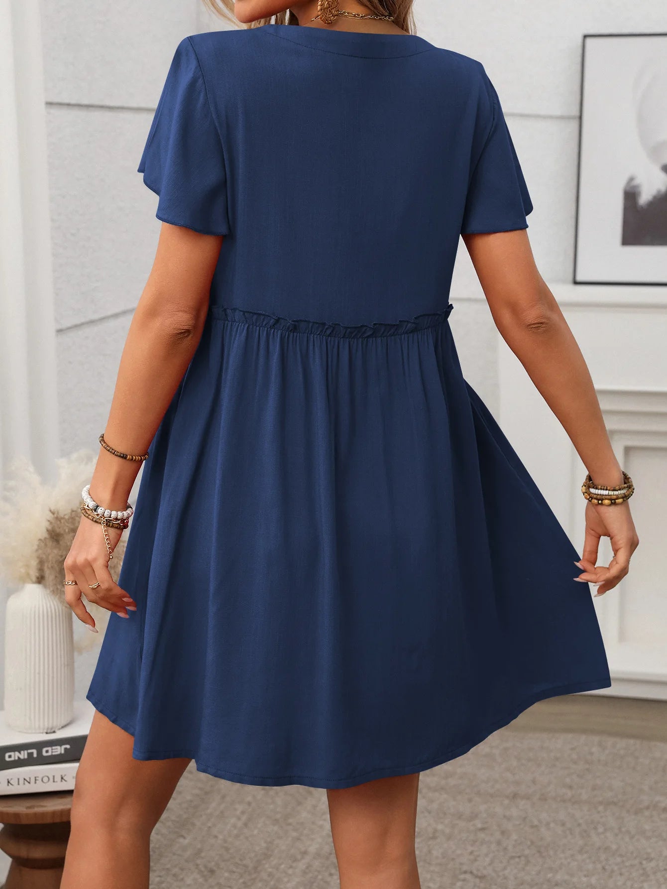 Spring Summer Button Down Dress Flutter Sleeve Cotton Linen A Line Dress With Pockets Beach Summer Knee Length Dresses For Women
