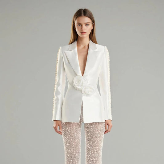 Patchwork Appliques Casual Blazers For Women Notchd Collar Long Sleeve Spliced Pearls Hollow Out Temperament Blazer Female