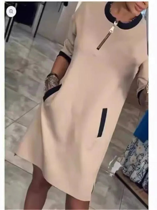 Spring Elegant Women's Dress Autumn Long Sleeve Zipper O Neck Fashion Dress For Women 2025 Casual Loose Dresses Female