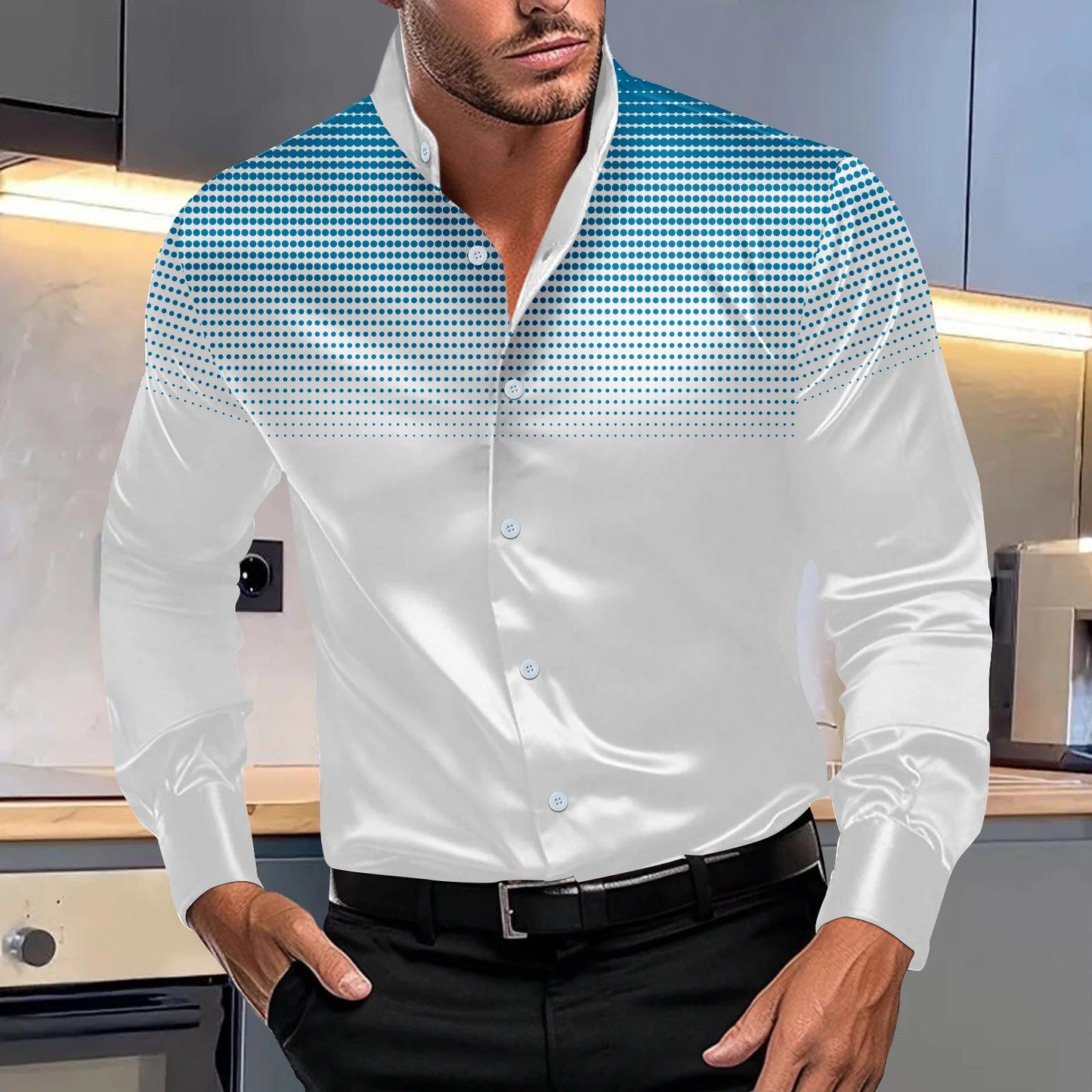 Spring autumn men's fashion evening dress four round polka dot printed long-sleeved shirt stand collar gradient top