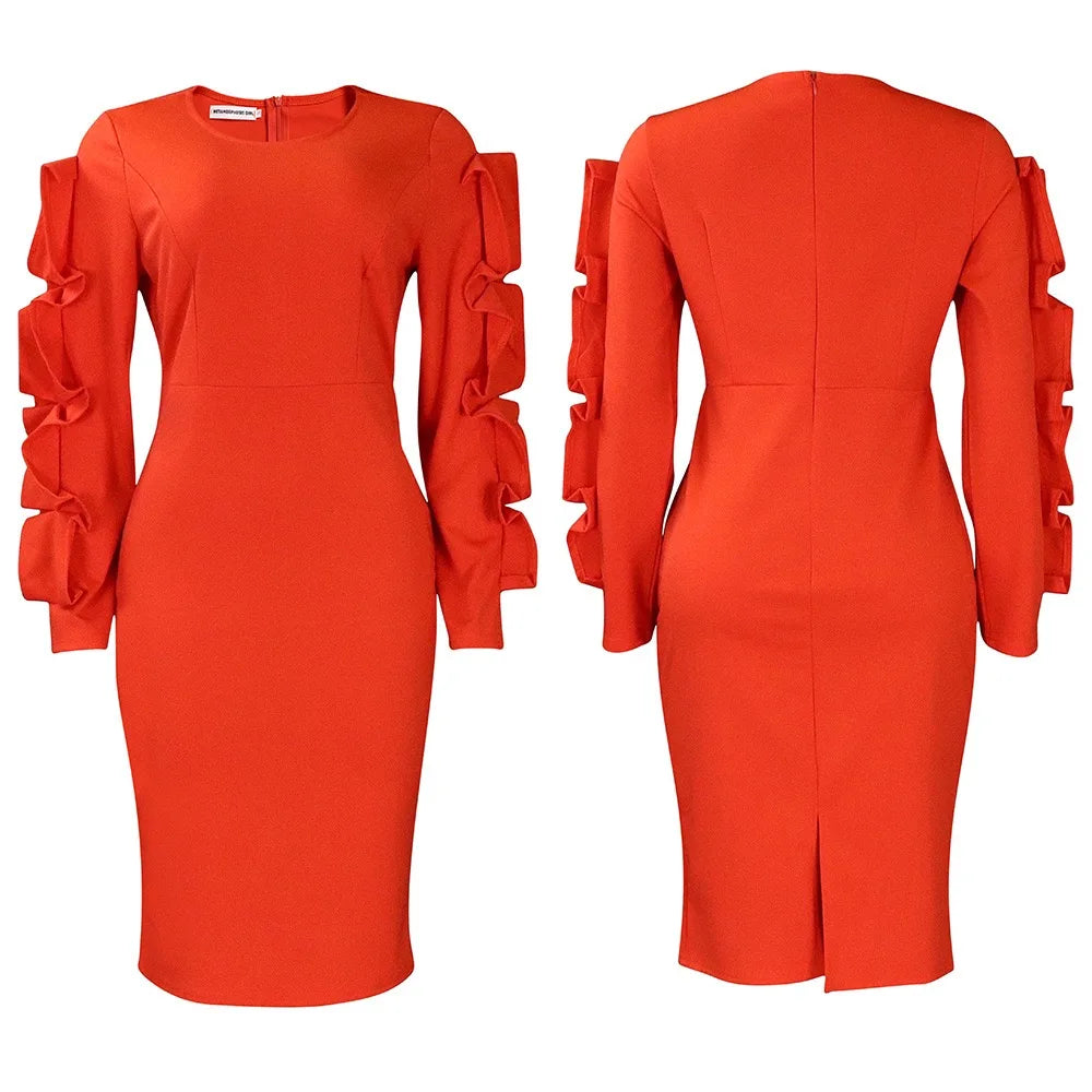 Elegant Office Dresses for Woman 2024 New O Neck Petal Sleeve Sheath Package Hips Mid Calf Formal Business Work Wear Dress Midi