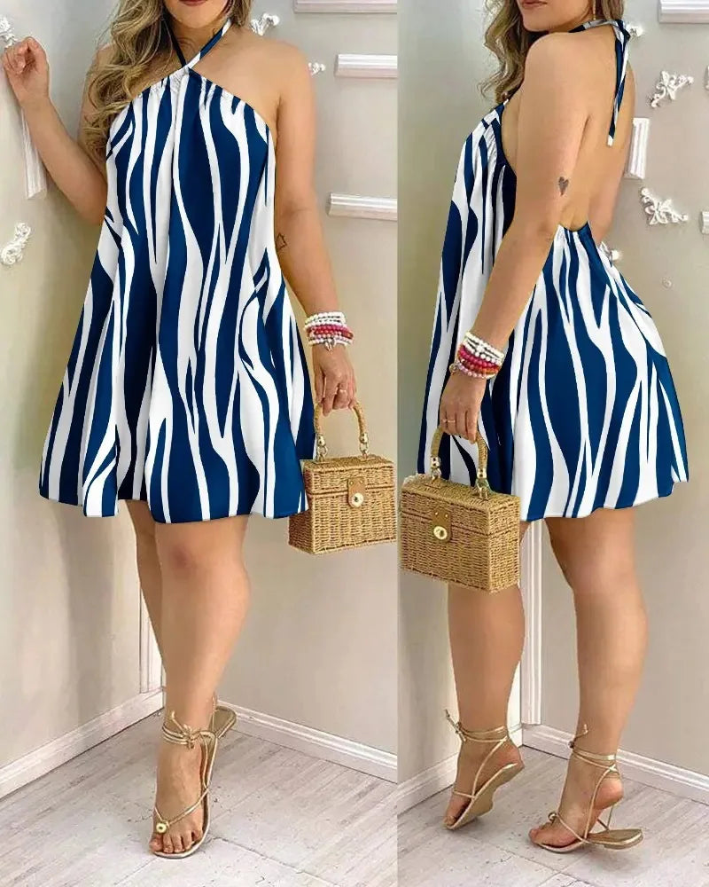 Floral Print Halter Neck Dress Boho Backless Halter Dress For Spring Summer Women's Clothing