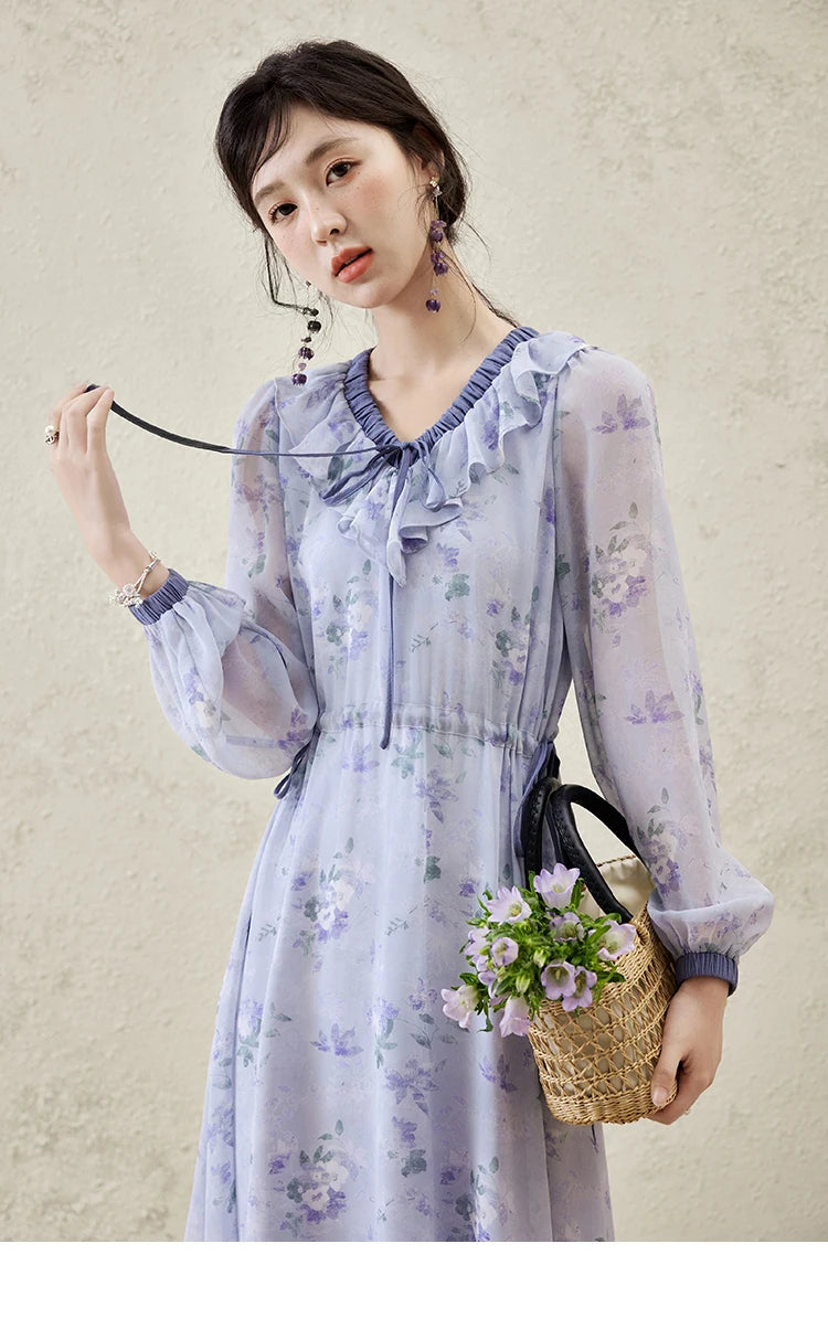 MISHOW Print Spring Summer Dress for Women New 2025 Ruffled V-neck Long Sleeve Blue French Dresses Female Fashion MXE15L2139
